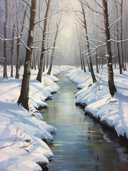 Paint by Number Peaceful Winter Creek Through Snowy Forest - DIY Paint by Number Kit for Adults