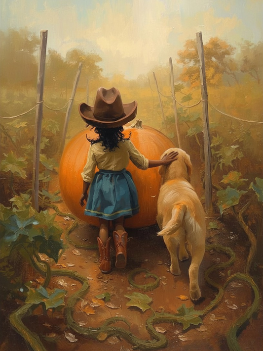 Paint by Number Little Cowgirl Pumpkin Journey with Golden Retriever – Cozy Canvas Paint by Number Kit