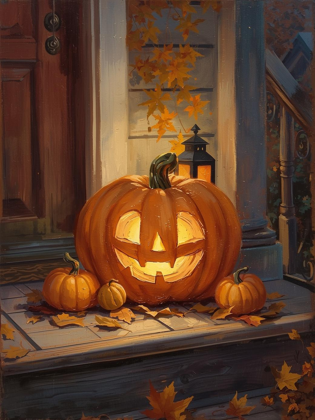 Paint by Number Cheerful Porch Pumpkin Glow – Cozy Autumn Paint by Number Kit for Adults