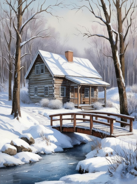 Paint by Number Cozy Snowy Cabin with Wooden Bridge in a Quiet Winter Forest - DIY Paint by Number Kit