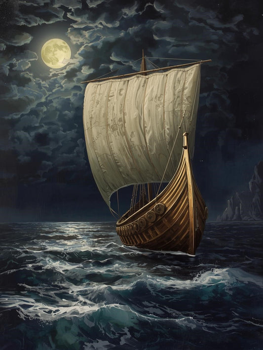 Paint by Number Viking Longship Beneath Moonlit Fjords – DIY Paint by Number Kit