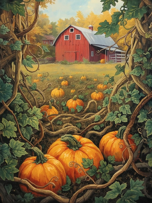 Paint by Number Pumpkin Patch with Red Barn – Cozy Fall Paint by Number Kit for Adults