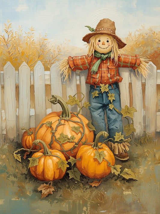 Paint by Number Simple Pumpkin Patch with Scarecrow – Rustic DIY Paint by Number Kit for Adults
