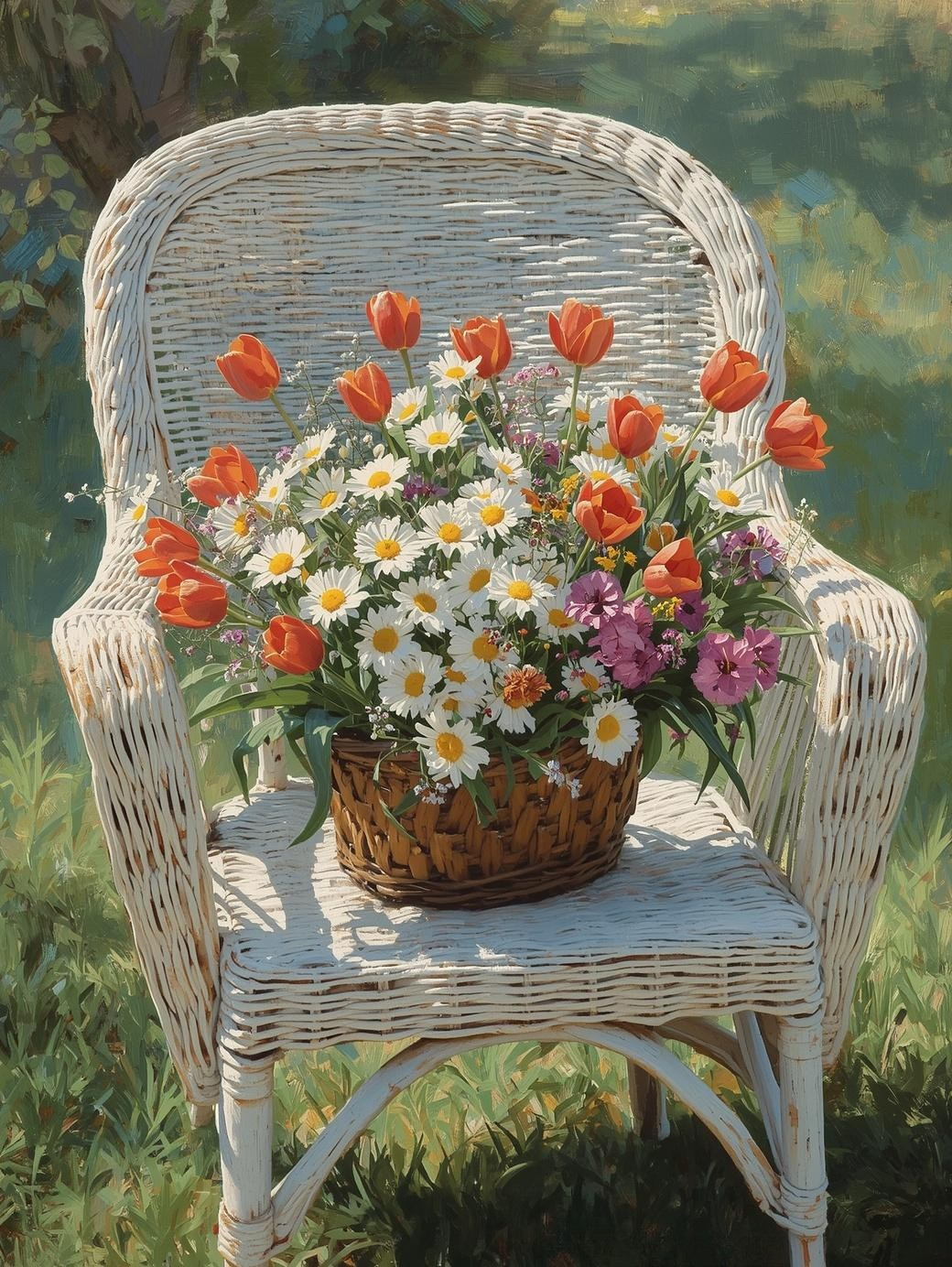Paint by Number Wildflowers in a Wicker Chair – Lush DIY Canvas Kit for Adults, Charming Cottage Garden Scene