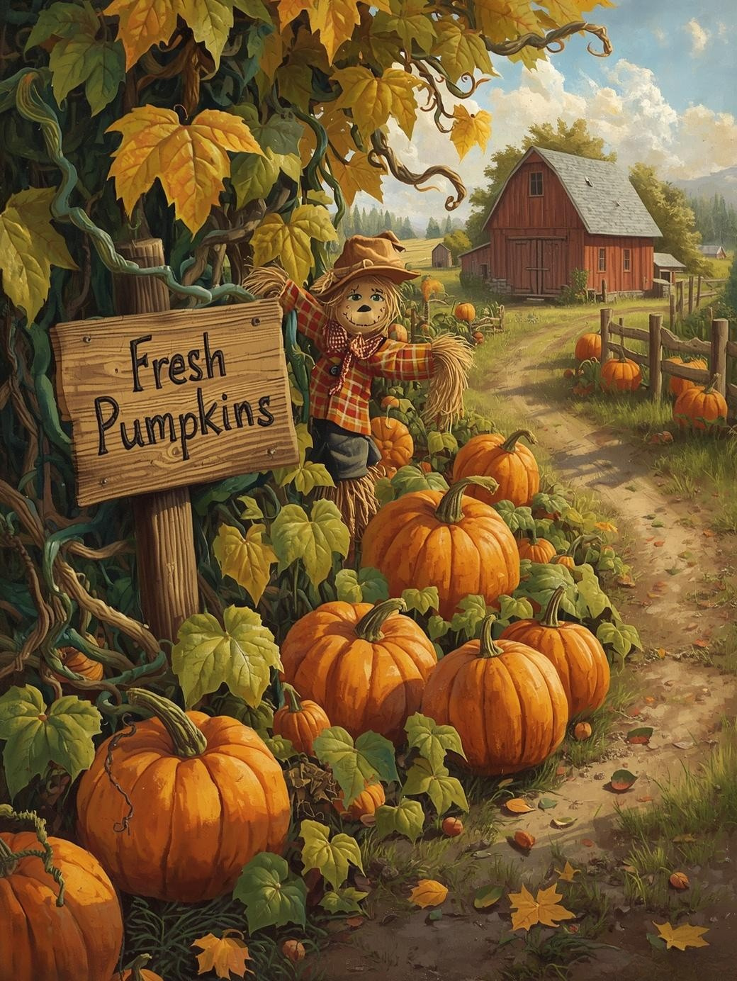 Paint by Number Pumpkin Patch Farm Stand with Scarecrow and Barn – Cozy Paint by Number Kit for Adults