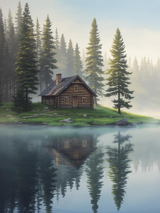 Paint by Number Misty Lake Cabin - DIY Canvas Paint by Number Kit
