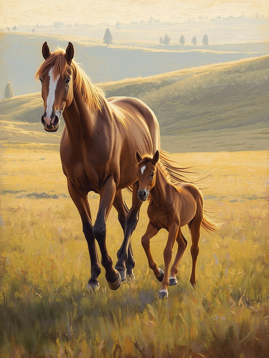 Paint By Number Chestnut Horse with Foal in Meadow – Canvas Paint by Number Kit