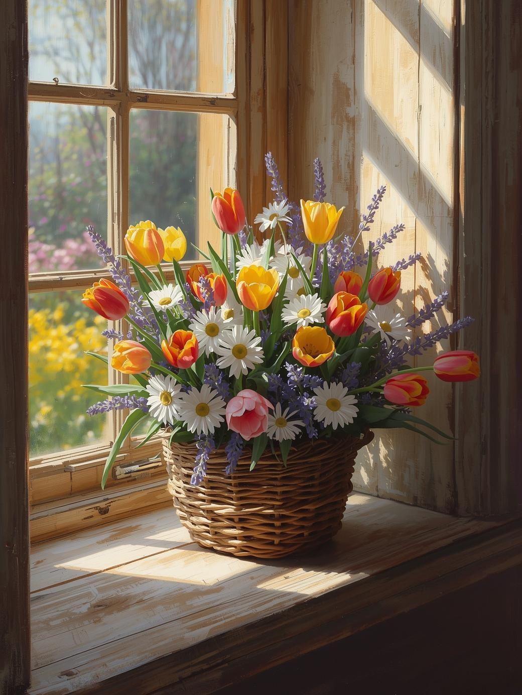 Paint by Number Tulips by the Window – Bright Floral Canvas DIY Kit for Adults, Cozy Spring Home Scene
