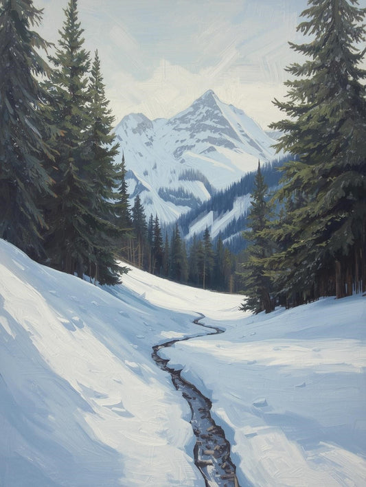 Paint by Number Snowy Mountain Creek through  Pine Forest - DIY Paint by Number Kit for Adults