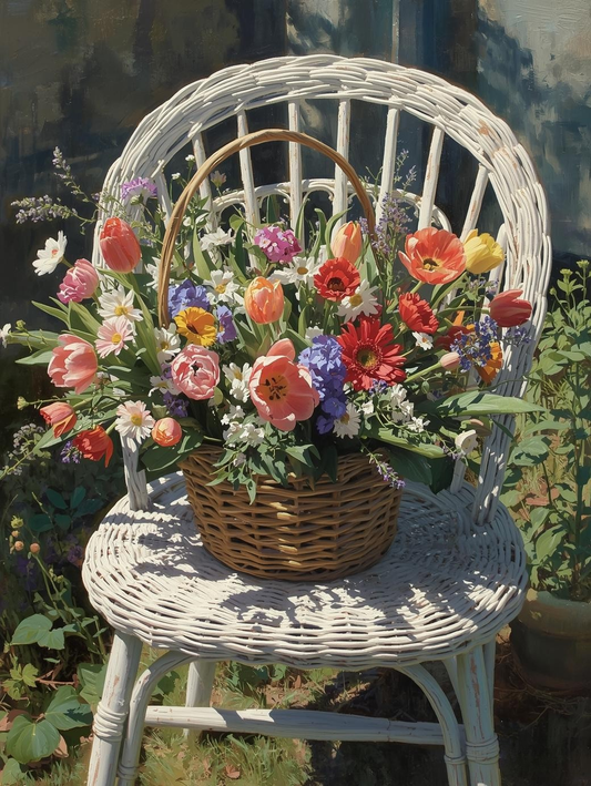 Paint by Number Wildflower Basket on Wicker Chair