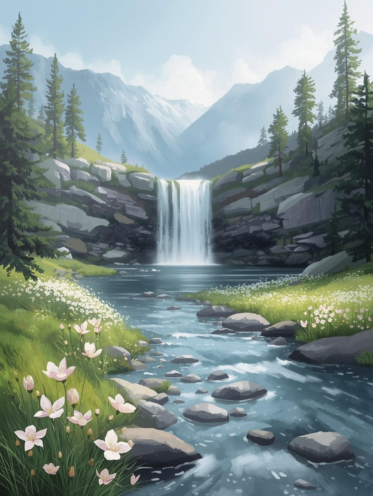 Paint by Number Peaceful Mountain Waterfall with Wildflowers - DIY Canvas Paint by Number Kit