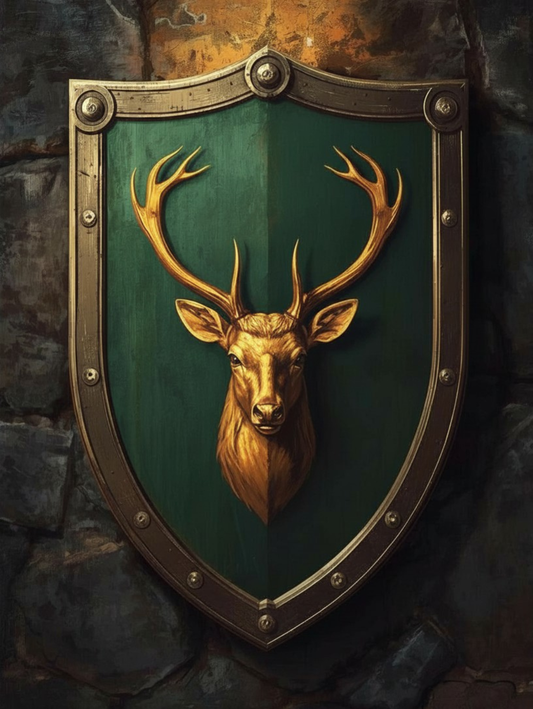 Paint by Number Green and Golden Deer / Stag Heraldic Shield – Adult Paint by Number Kit DIY Canvas Painting Set