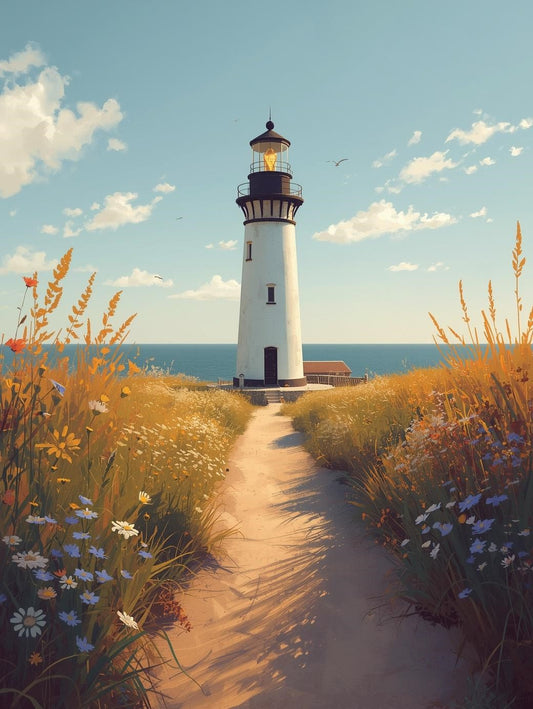 Paint by Number Coastal Lighthouse Path Through Wildflower Meadow – Paint by Number Kit for Adults