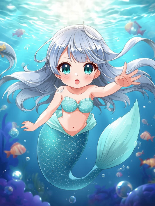 Paint by Number Cute Anime Mermaid Beneath Crystal Blue Waters - Anime Paint by Number Kit