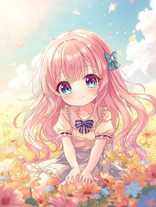 Paint by Number Anime Girl in a Pastel Flower Field – DIY Paint by Number Kit