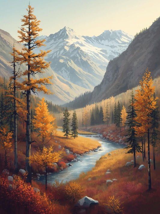 Paint by Number Autumn Mountain Valley with Flowing River - DIY Canvas Paint by Number Kit