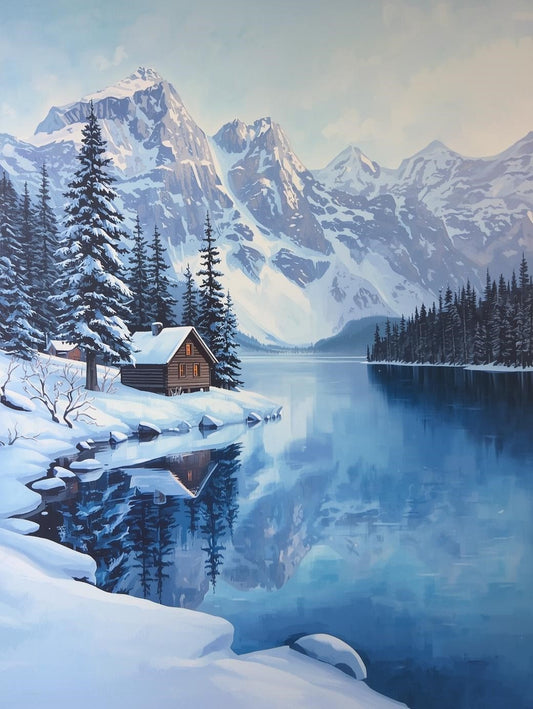 Paint by Number Tranquil Winter Lake Cabin Reflection - DIY Paint by Number Kit for Adults