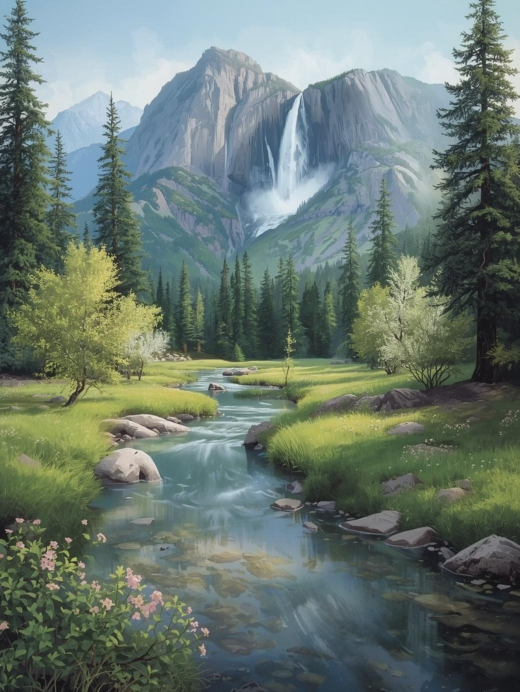 Paint by Number Mountain Valley with Waterfall and Stream - DIY Paint by Number Kit