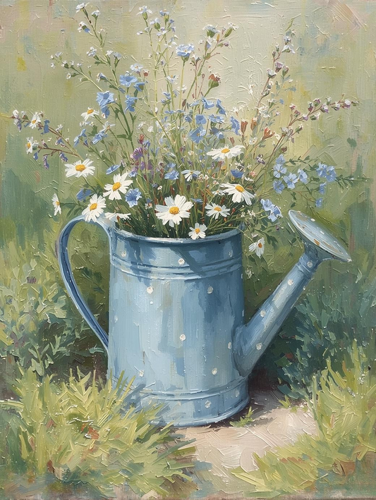 Paint by Number Spring Wildflowers in Watering Can – Vibrant DIY Canvas Kit for Adults, Blooming Garden Floral Art