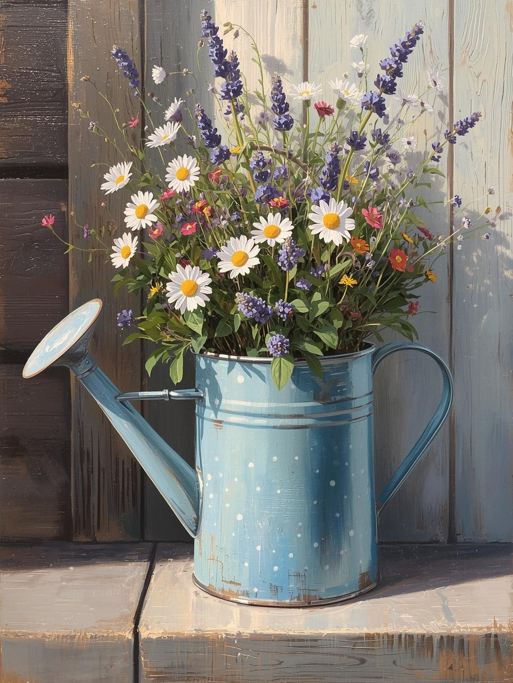 Paint by Number Wildflowers in Polka Dot Watering Can – Cheerful Spring DIY Canvas Kit for Adults, Bright Garden Bouquet Painting