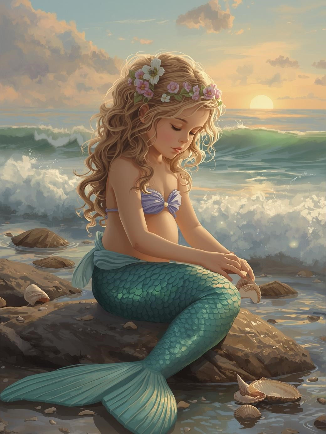 Paint by Number Mermaid Collecting Seashells at Sunset - Canvas Kit for Adults