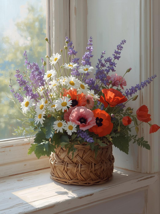 Paint by Number Wicker Basket of Wildflowers – Charming Floral Canvas DIY Kit for Garden Lovers