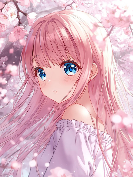 Paint by Number Pink Haired Anime Girl Under Cherry Blossoms - Cute Anime Painting Kit