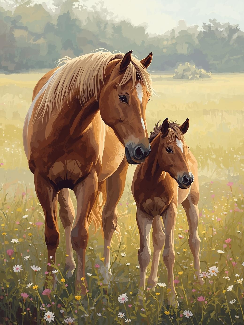 Paint By Number Palomino Mare with Foal in Field – Cozy Paint by Number Kit for Adults