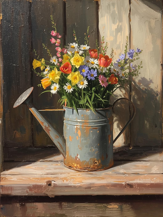 Paint by Number Wildflowers in a Vintage Watering Can – Rustic DIY Canvas Kit for Adults, Lush Floral Garden Painting