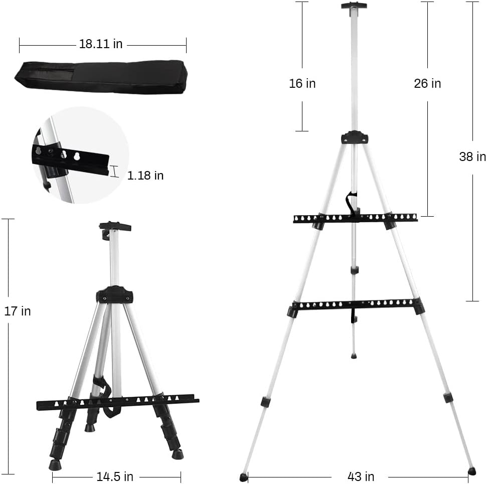 Artist's Adjustable Metal Tripod Easel with Portable Carrying Case