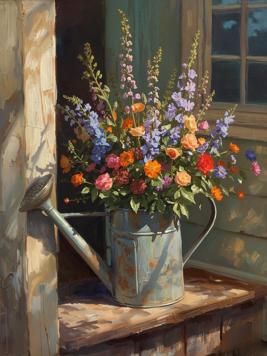 Paint by Number Wildflowers in a Watering Can – Whimsical Spring Canvas DIY Kit for Floral Art Lovers