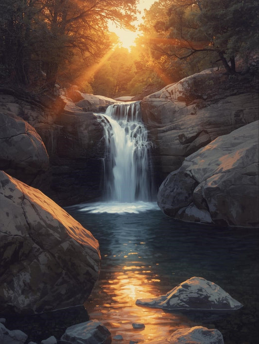Paint by Number Forest Waterfall at Sunset - DIY Paint by Number Kit