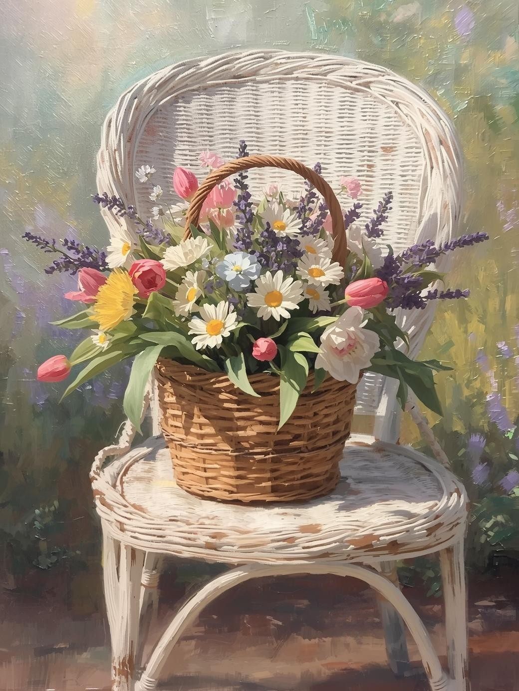 Paint by Number Garden Flowers on Rustic Wicker Chair – Cozy DIY Canvas Kit for Adults, Vintage Floral Garden Painting