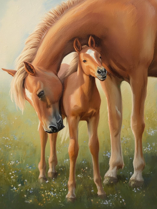 Paint By Number Palomino Horse with Foal in Meadow – DIY Paint by Number Kit