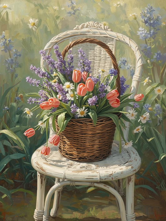 Paint by Number Country Wildflowers on Wicker Chair – Lush DIY Canvas Kit for Adults, Rustic Spring Garden Flowers