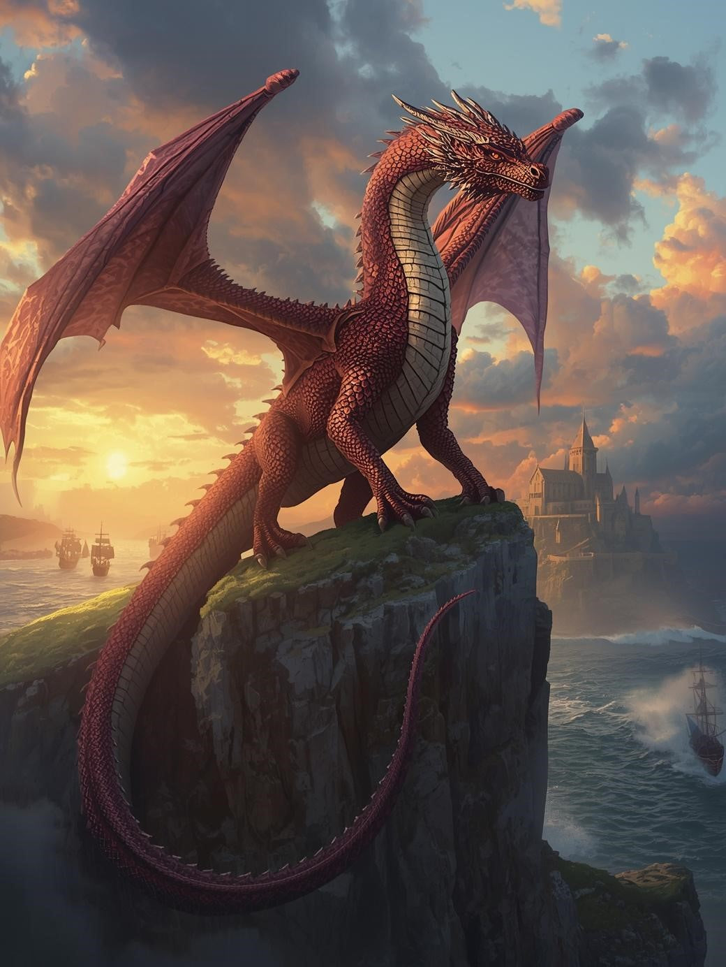 Paint by Number Crimson Sea Dragon on Coastal Cliffs at Sunset – DIY Acrylic Painting Kit