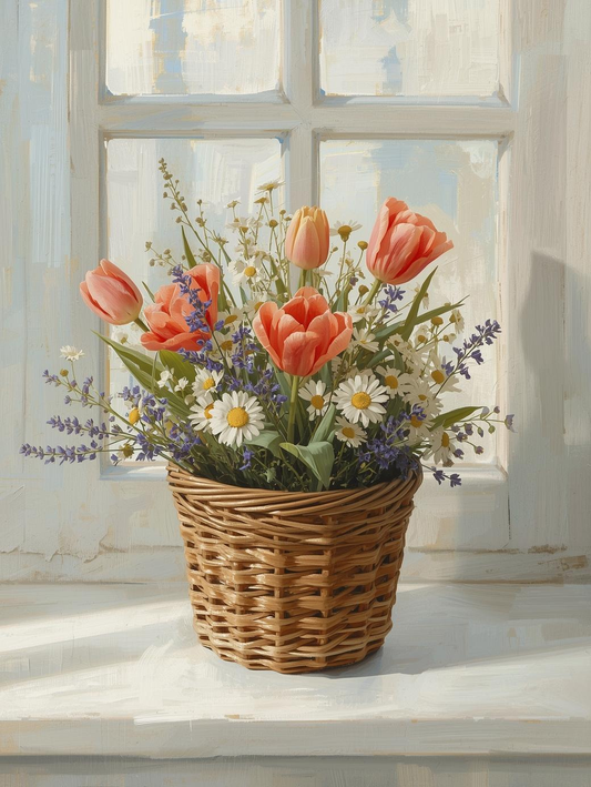 Paint by Number Tulip Basket Arrangement – Colorful Floral Canvas DIY Kit for Adults, Rustic Spring Garden Painting