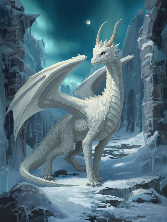 Paint by Number White Ice Dragon Beneath Northern Lights – Paint by Number for Adults