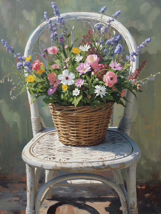 Paint by Number Spring Bouquet on Vintage Chair – Colorful DIY Canvas Kit for Adults, Vibrant Garden Floral Painting
