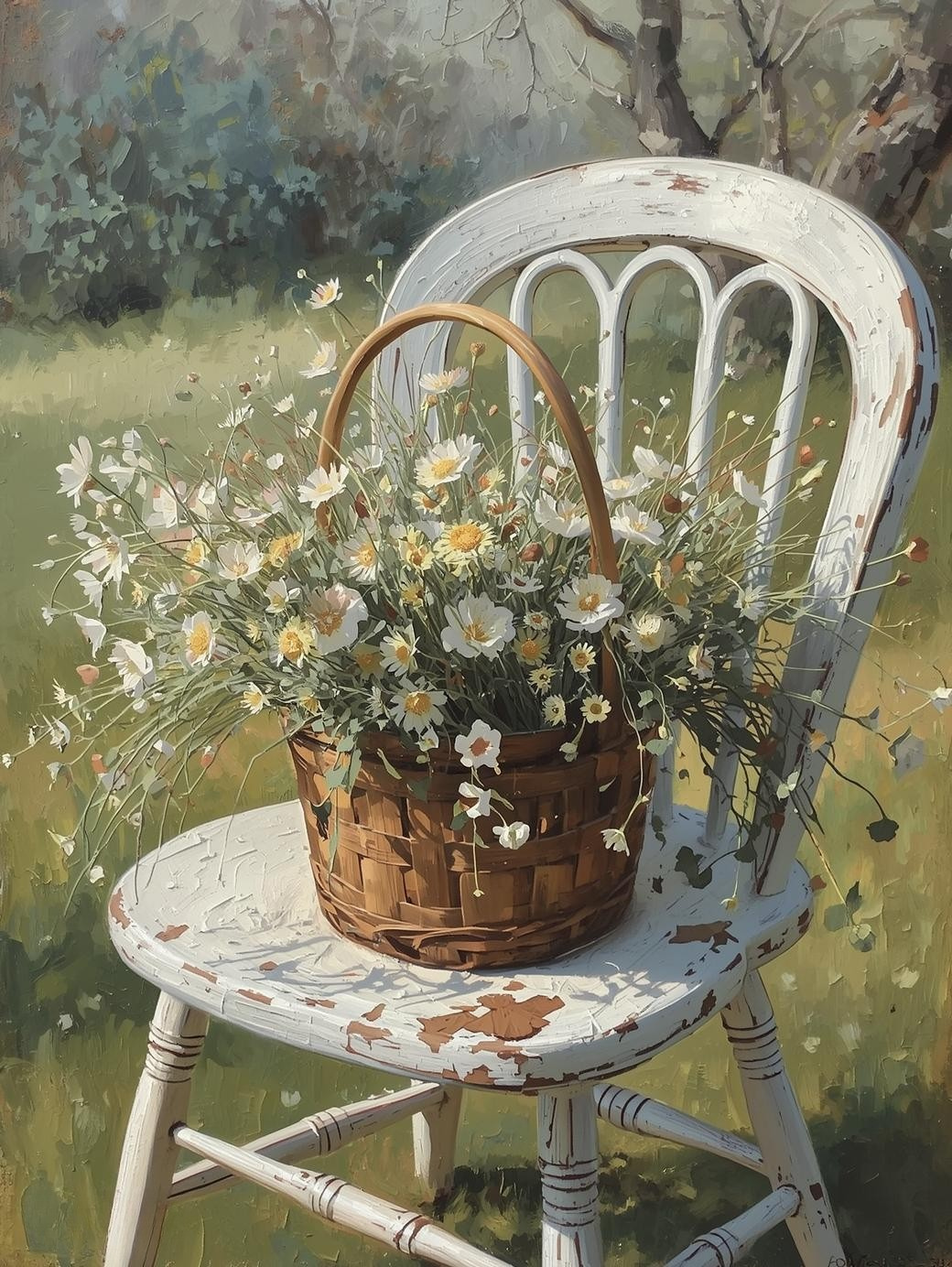 Paint by Number Pastel Wildflowers on Garden Chair – Soft Color DIY Canvas Kit for Adults, Serene Spring Bloom Painting