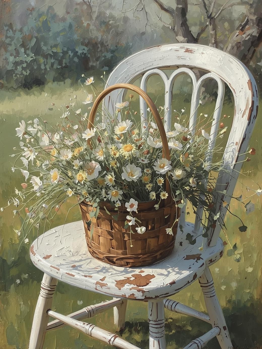 Paint by Number Pastel Wildflowers on Garden Chair – Soft Color DIY Canvas Kit for Adults, Serene Spring Bloom Painting