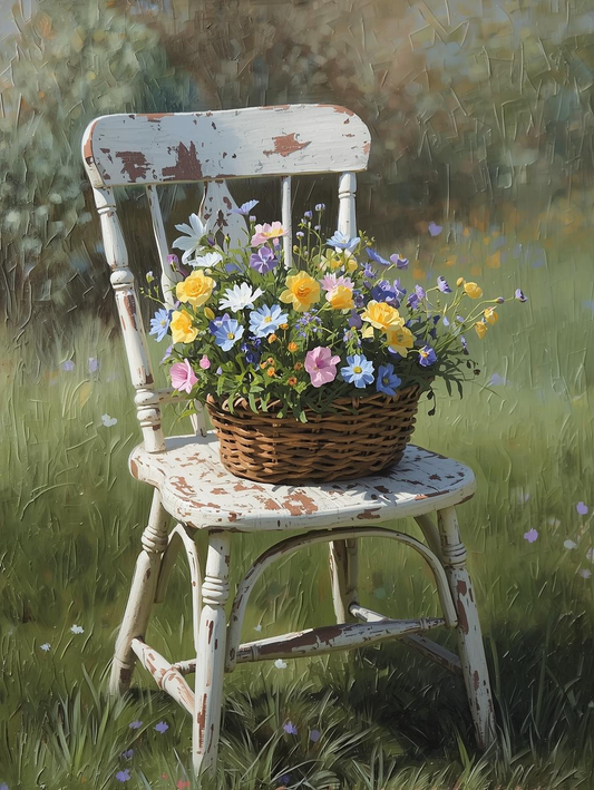 Paint by Number Garden Flowers on Rustic Wicker Chair – Cozy DIY Canvas Kit for Adults, Vintage Country Garden Art