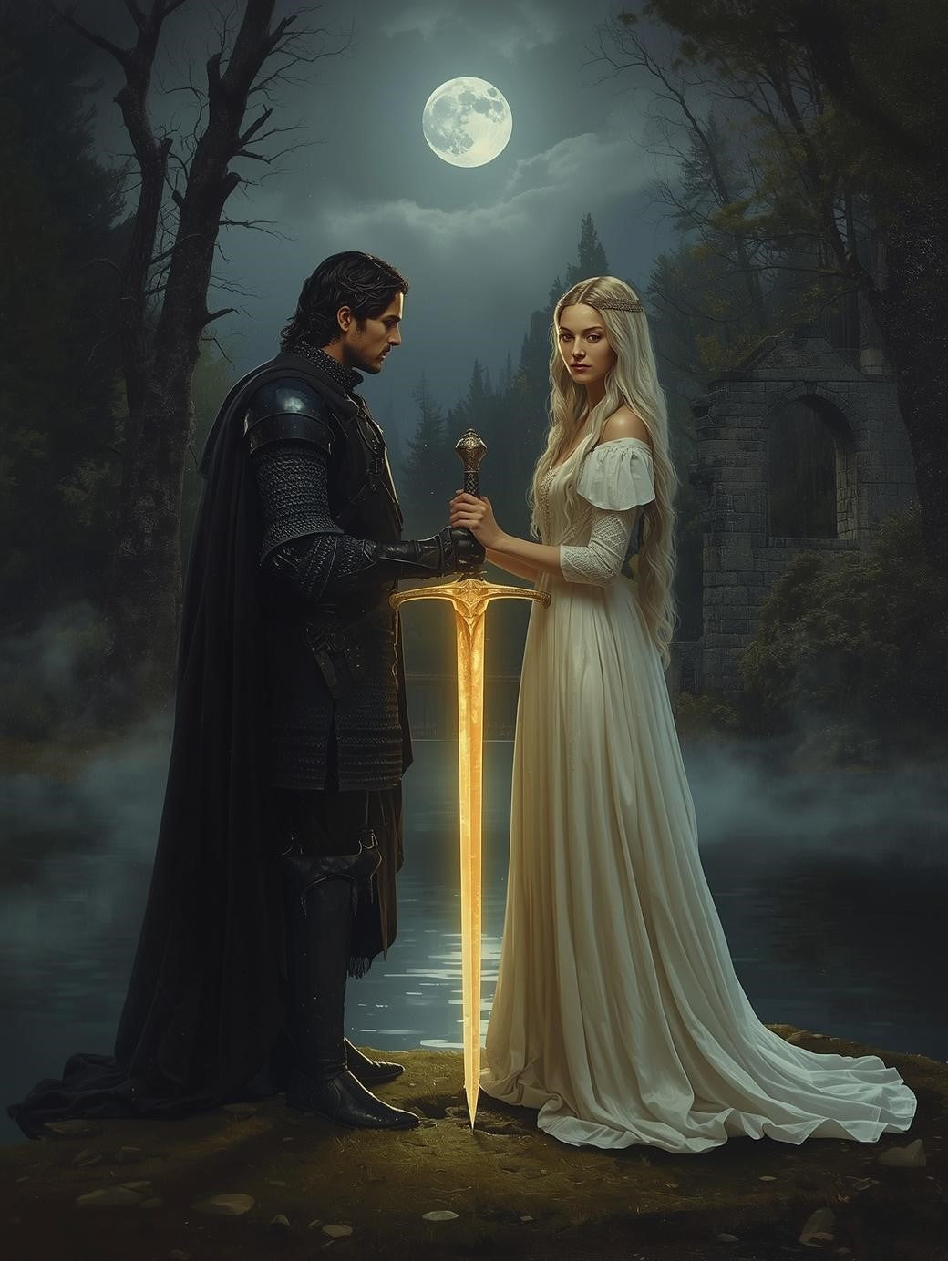 Paint by Number Black Knight Meets the Lady of the Lake – Fantasy Paint by Number Canvas Kit
