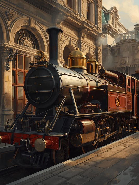 Paint by Number Majestic Steam Engine in a Historic Victorian Cityscape – Classic Railway Acrylic Paint by Number Kit