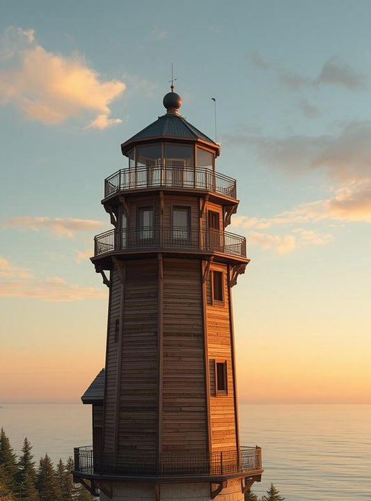 Paint by Number Wooden Lighthouse Tower at Sunset Over Calm Ocean – Paint by Number Kit for Adults