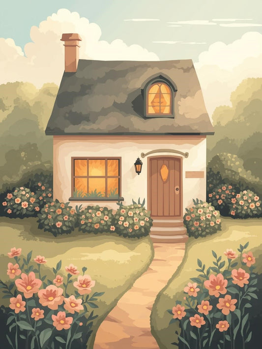 Paint by Number Cozy Cottage with Flower Garden Path – Paint by Number Kit for Adults Easy Cottage Scene