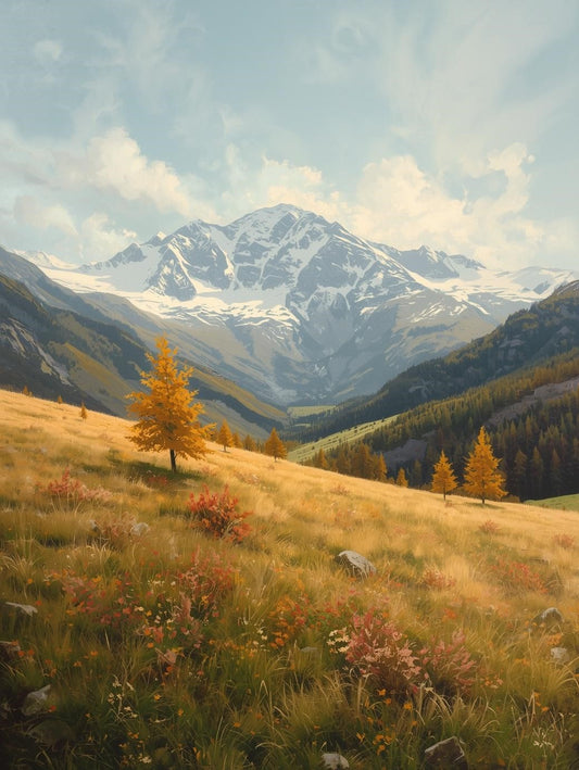 Paint by Number Snow-Capped Mountain Meadow in Autumn - DIY Canvas Paint by Number Kit