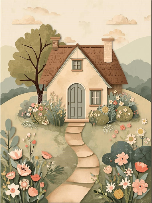 Paint by Number Whimsical Garden Cottage with Flowers – Easy Paint Kit for Adults