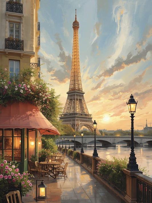 Paint by Number Eiffel Tower Riverside Café at Sunset – DIY Painting Kit