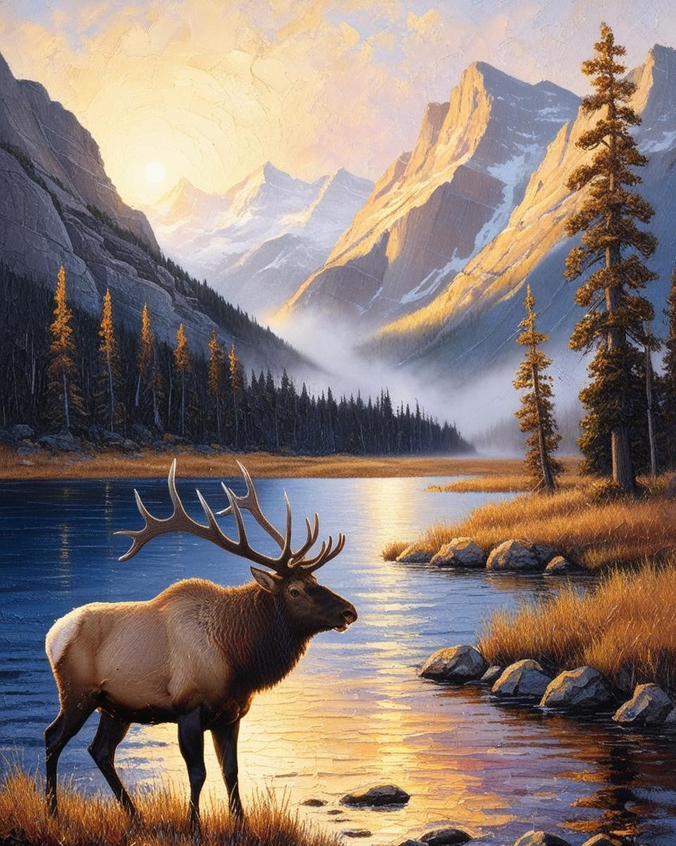 Paint by Number Rocky Mountain National Park (Colorado) – Alpine Lake with Elk at Sunrise